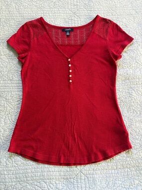 Chaps Red Cotton Henley with Lace Shoulders